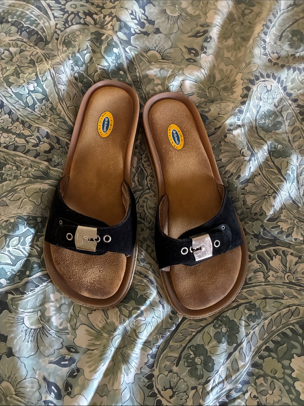 Dr. Scholl's sz7 “Heaven” Black Suede Slide Mules with Silver Buckle